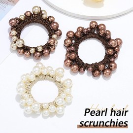 Reaky Pearl Hair Band, Beads, Hair Scrunchy, Rhinestone Ponytail Holder, Pack of 3, Elastic Hair Band, Hair Accessories for Women (White, Brown, White, Chestnut)