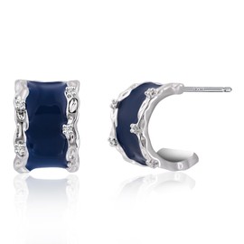 Blue C Shape Hoop Earrings for Women Colorful Sterling Silver Hoop Earrings Dark Blue Enamel Earrings Silver and Blue Wide Hoop Earrings for Gift