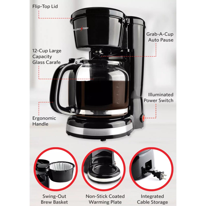 EUROSTAR ECM650B 12-Cup Switch Coffee Maker, Black