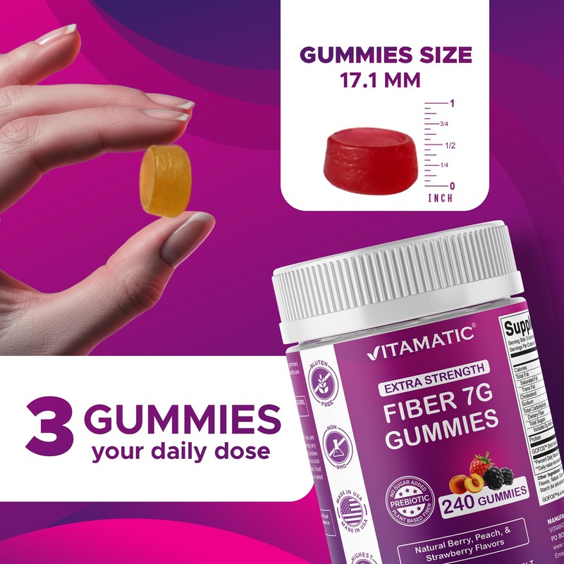 Vitamatic Prebiotic Fiber Gummies for Adults, 7G Extra Strength, Zero