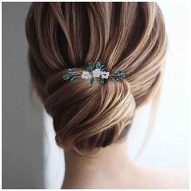Wedding Green Crystal Hair Pin Emerald Rhinestone Leaf Hairpin Pearl Green Cz Headpiece Flower Pearl Hair Pieces Bridal Wedding Hair Accessories for Women