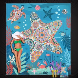 Large Sand Proof Beach Blanket, 83" × 95" Oversized Big Sand Blankets for Beach Waterproof, Bohemian Starfish Beach Mat Sandproof Waterproof for Seaside Picnic Travel Camping Hiking
