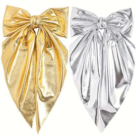 2 PCS Big Bow Hair Clips,Girls Glitter Bow Hair Clip, Solid Color French Barrette Simple Hair Fastener Accessories for Women Girls (Gold+Silver)