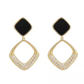 DIAMANTIO 18K Gold Plated Geometric Black Enamel Drop Earrings for Women, Elegant Statement Earrings with Cubic Zirconia, Lightweight Dangle Earrings for Party, Wedding, and Daily Wear