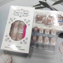 Sparkly Love Heart Press on Nails Valentines Heart Acrylic Fake Nails Glossy Gold Glitter Heart Short Square False Nails French Stick on Nails Romantic Gift Gel Glue on Nails for Women Girls 24Pcs