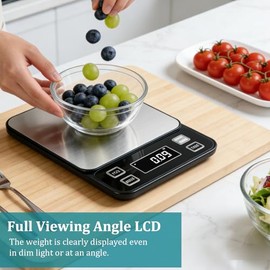 Digital Food Scale 11lb/5kg, Waterproof Kitchen Scale, Tare Function and 2 Power Options with Batteries, Stainless Steel Gram Scale for Cooking and Ba