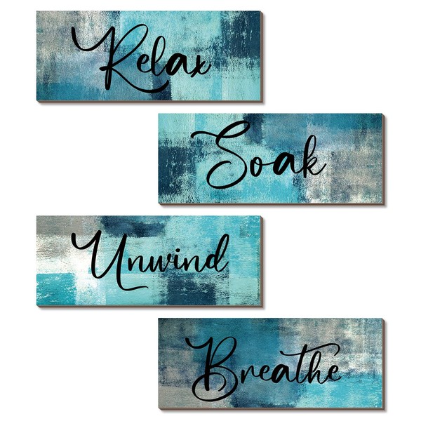 Maitys 4 Pcs Bathroom Wall Decor 10 x 4 Inch Bathroom Wall Art Contemporary Wood Bathroom Pictures for Wall Soak Unwind Relax Wall Sign Spa Rustic Vintage Farmhouse Wall Pediments (Turquoise and Grey)