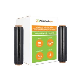 PSBM Black Stretch Wrap, 4 Pack, 18 Inch x 1500 Feet, 63 Gauge, Dark/Opaque Hand Stretch Film Rolls for Packaging Moving Packing Pallets