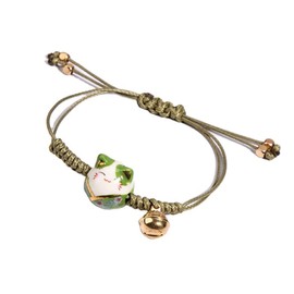 Lucky 3Pcs Cat Maneki Neko Bracelet Set Adjustable Cute Bell Ceramic Bead Braided Rope String Bracelet for Women Wealth Fortune Good Luck Jewelry Birthday Gift-A green bell