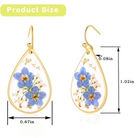 Pressed Flower Earrings,Resin Earrings,Unique Resin Drop Dangle Plant Earring,Handmade Forget-Me-Not and Queen Anne'S Lace Earring,Great Birthday, Short Hook (raindrop)
