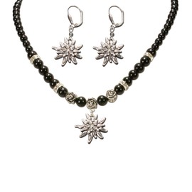 Alpenflüstern costume jewellery set pearl costume necklace and costume earrings Rhinestone edelweiss - ladies' costume jewellery, costume set dirndl necklace and traditional earrings in traditional colours SET005, Base Metal