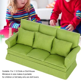 1:12 Doll House Mini Sofa with 3pcs Pillow Living Room Furniture Wooden Doll House Decoration Accessories Green Doll House