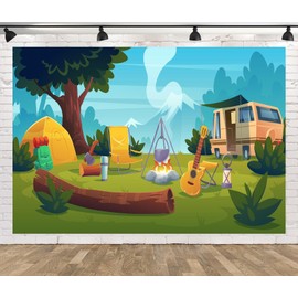 Loccor 5x4ft Fabric Cartoon Camping Backdrop Mountain Forest Campsite with Camping Tent Guitar Campfire Background for Outdoor Camping Theme Party Decorations Kids Baby Shower Photo Props