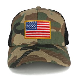 US American Flag Embroidered Iron on Patch Adjustable Camo Trucker Cap - WWB - Yellow