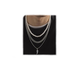 YERTTER Multi Layered Pearl Necklace Chunky Chain for Men Wing Pendants Set of 3 Thick Cable Curb Chain Adjustable Trendy Chain for Men Unisex(Style 5)