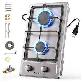 Cooksir Gas Cooktop 2 Burner - 12 Inch Built-in 2 Burner Propane Stove, NG/LPG Convertible Stainless Steel Gas Stovetop with Flame Out Protection for Apartment, Kitchen, RV, Dorms, 110V Plug in