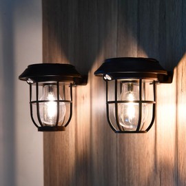 Sunfee 2 Pack Solar Lantern Wall Lights Fixtures with Motion Sensor, Solar Powered Porch Light, Vintage Hanging Solar Wall Sconce Outdoor,for Porch, Yard