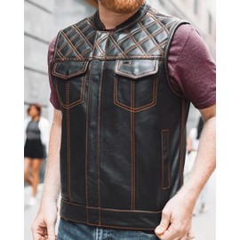 First Mfg Co Downside Men's Leather Vest: Diamond Cowhide, Conceal Carry Pockets, Mesh Lining, Easy Patch Access, YKK Zippers