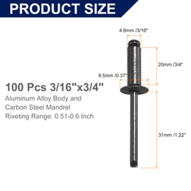sourcing map 100Pcs 3/16"x3/4" Aluminum Blind Rivets, Aluminum Grip and Steel Mandrel, Countersunk Head Long Split Rivets for Metal, Furniture, Automotive, Black