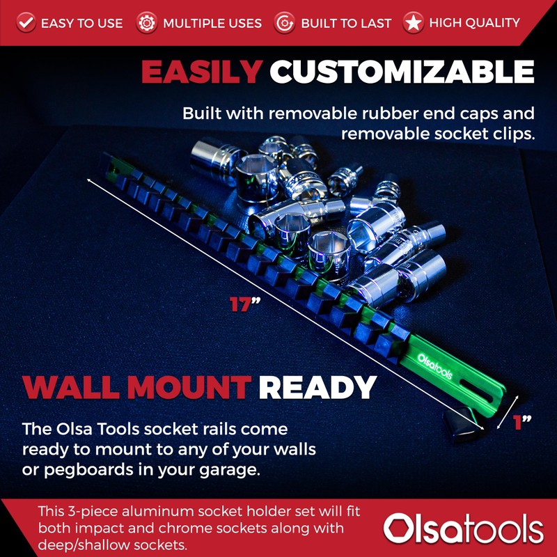 Olsa Tools Aluminum Socket Organizer, 3pc Set - Green Socket