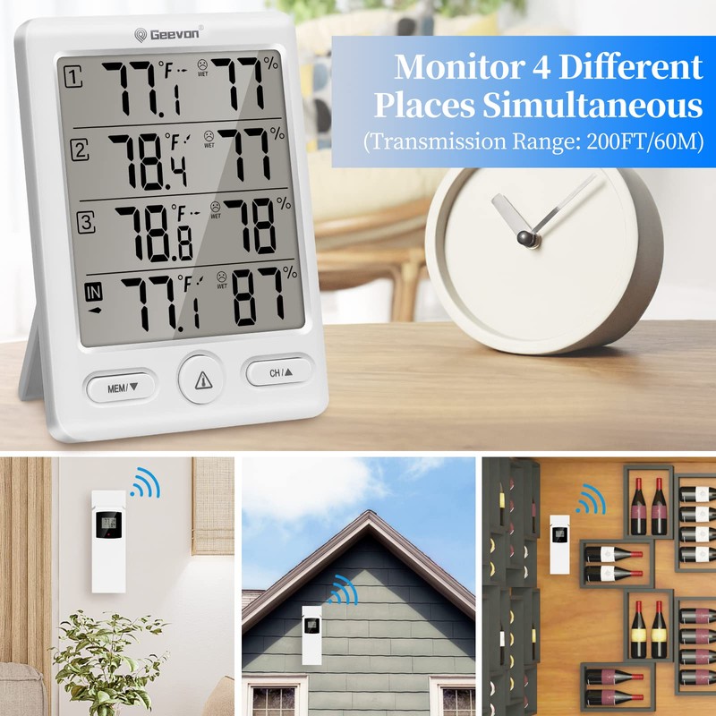 Geevon Indoor Outdoor Thermometer Wireless with 3 Remote Sensors, Digital