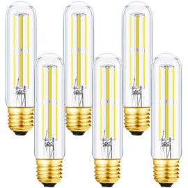 E26 Tubular Light Bulb 6W,Dimmable Led Tube Bulbs,Cool White 5000K,60 Watt Incandescent Bulb Equivalent,T10 Led Light Bulb for Cabinet Display Cabinet etc,Clear Glass,5.1in, 6 Pack.