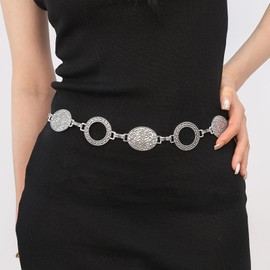Yheahin Western Metal Concho Belt for Women Boho Waist Chain Belt Cowgirl Metal Body Chain Belly Accessories for Country Concert Jeans Dresses (Hoop-silver)