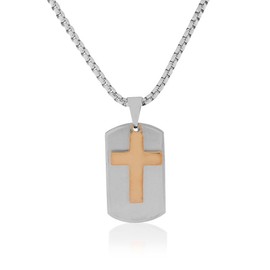 Edforce Stainless Steel Silver-Tone Rose Gold-Tone Dog Tag Mens Cross Pendant Necklace, 20"