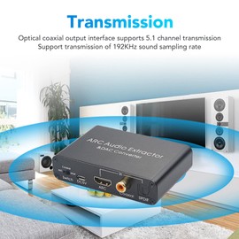 HDMI ARC Audio Extractor with 192KHz Multi-Output, Optical Coaxial 3.5mm Audio Converter for TV Soundbar Amplifier