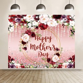 Happy Mother's Day Backdrop 10x8ft Best Mom Backdrop Burgundy Red Floral Flowers Mothers Day Photography Background Mother's Day Decorations Banner