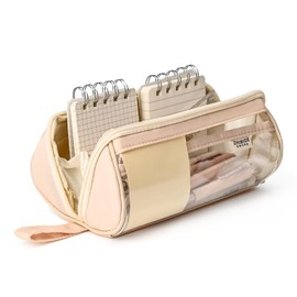 BAYTORY Clear Pencil Case, Large Capacity Transparent Pencil Case, Waterproof Stationery Pouch with 8 Compartments, Pen Storage Case with Handle, for Makeup Travel, School & Office Supplies (Beige)