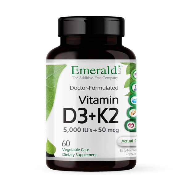 Emerald Labs Vitamin D3+K2 5,000 IU's - Daily Supplement for Heart, Bone, Teeth, Immune Health, and Overall Support - 60 Vegetable Capsules
