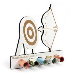 Geschenk Geldgeschenk für Bogenschützen – personalisierbar mit Wunschtext – HDF Holzschild mit 5 Geldschein-Haltern – Geschenkidee zum Geburtstag, Weihnachten, Ostern – Bogensport Dekoration