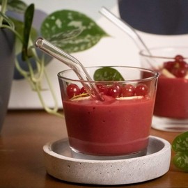 Halm Glass Drinking Straws Reusable Sippers - 4 Pieces Short Bent 15 cm + Plastic-Free Cleaning Brush - Dishwasher Safe - Eco-Friendly - Glass Sippers for Tumblers Cocktail Glasses