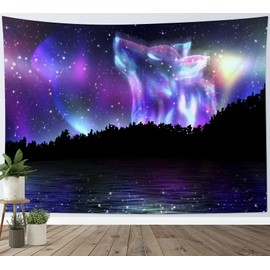 HVEST Animal Tapestry Space Tapestry Wall Hanging Wolf in Starry Sky with Jungle and River Scenery Wall Tapestries for Bedroom Living Room Dorm Decor,60Wx40H inches