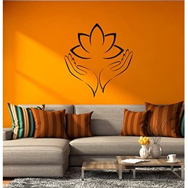 Vinyl Wall Decal Lotus Flower Hands Opened Palms Meditation Room Decor Sticker (4343ig) Black