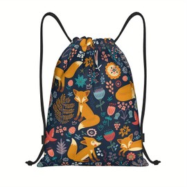 Richugui Cute fox Drawstring Bags Beautiful floral pattern Gym Drawstring Bags Sport Waterproof Draw String Back Cinch Sack Backpack Bag For Men Women