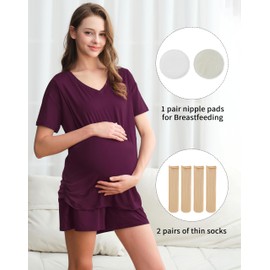 DANSHOW 5 Piece V Neck Maternity Nursing Pajamas Set Postpartum Pjs Breastfeeding Sleepwear, Nursing Breast Pads & Socks (HY237701-02B-XL) Burgundy