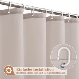EurCross Shower Curtain 180 x 180 cm Sand Textile Fabric Bath Curtain with 12 Rings