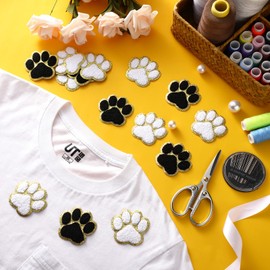 Jexine 24 Pieces Self Adhesive Paw Print Patch Chenille Paw Patch Dog Cat Paw Print Iron on Patches Embroidery Sticker Patches for Kids Clothing Backpacks Christmas(White, Black with Gold Edge)