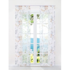 ESLIR Sliding Curtains, Voile Panel Curtains, Set of 2 Curtains with Velcro Tape, Transparent Curtain with Orange Leaves Pattern, W x H 57 x 175 cm, Pack of 2