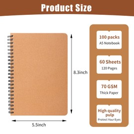 miikoul 100 Packs A5 Spiral Lined Notebooks, Kraft Paper Cover, 8.3"×5.5", 60 Sheets/120 Pages, Ruled Notebooks Bulk, Hardcover Journal Notepad Travel Notebooks for Office and School Supplies