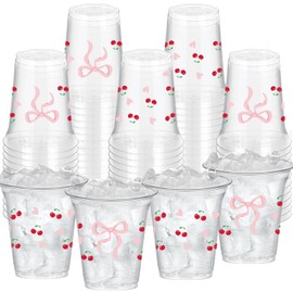 SYUCVQI 40 Pcs Cherry Plastic Cups Pink Bow Drinking Cups for Coquette Party Supplies 12oz Disposable Cup for Pink Cherry Theme Party Decorations Bridal Birthday Bachelorette Weddings Supplies