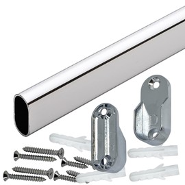 CUSTOM CUT - Oval Closet Rod |Up to 60" |Screw-on Wall Brackets |Polished Chrome