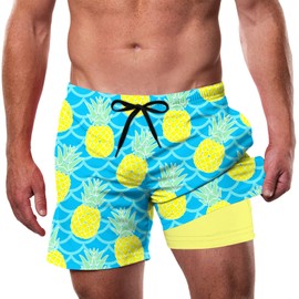 Cozople Swim Trunks with Compression Liner Funny Pineapple Print Bathing Suit with Boxer Brief Lined Swimming Shorts Summer Quick Dry Swim Shorts L