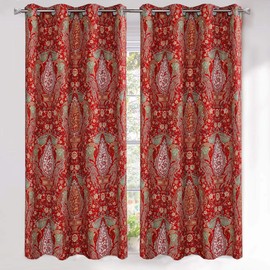 DriftAway Christopher Peacock Floral Pattern Energy Saving Thermal Insulated Blackout Window Curtain Grommet 2 Layers 2 Panels 52 Inch by 63 Inch Red