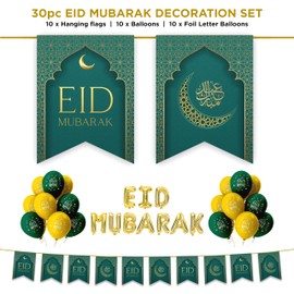 Happy Eid Mubarak Decoration Set - 30pc Set Pack (Green & Gold) - Flags Bunting Foil Balloons Partyware Hanging Decorations Eid Decor