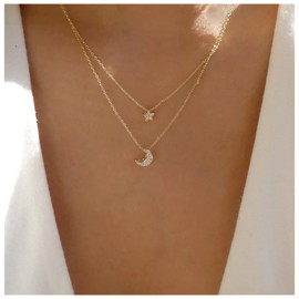 Cimenexe Bohemian Layered Crystal Star Moon Necklace Rhinestone Star Moon Pendant Necklace Gold Crescent Moon Choker Necklace Paved CZ Star Necklace Jewellery for Women and Girls