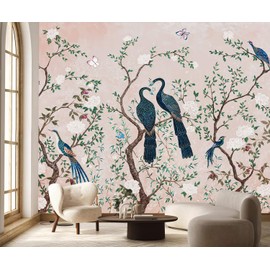 PYFFYP- Chinoiserie Pink Flowers and Bird Wallpaper Vintage Peacock murals for Living Room(Not Peel and Stick)