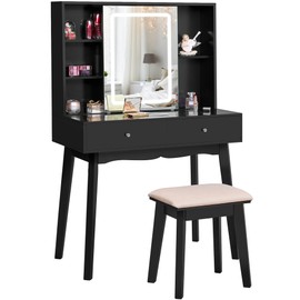 BEWISHOME Vanity Desk with Mirror and Lights,Makeup Vanity Black Vanity Set Makeup Desk with 3 Color Modes,Small Vanity Table with Cabinet 2 Drawers,Dressing Table Makeup Table for Girls Women FST15H
